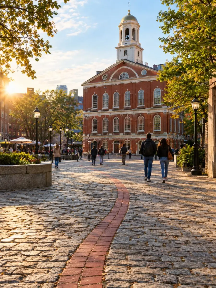 Die rote Ziegelsteinlinie des Freedom Trail, die sich über einen gepflasterten Platz in Richtung Faneuil Hall im tiefen Nachmittagssonnenschein schlängelt